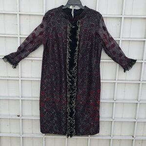 VNTG 60's Metallic Black/Maroon Polka-Dotted Frilly Ribbon Duster Dress